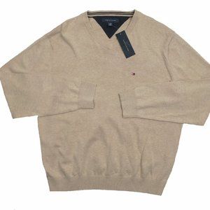 NEW Tommy Hilfiger Sweater! Oatmeal  Tan  V Neck  Tommy Flag on Chest  Cotton